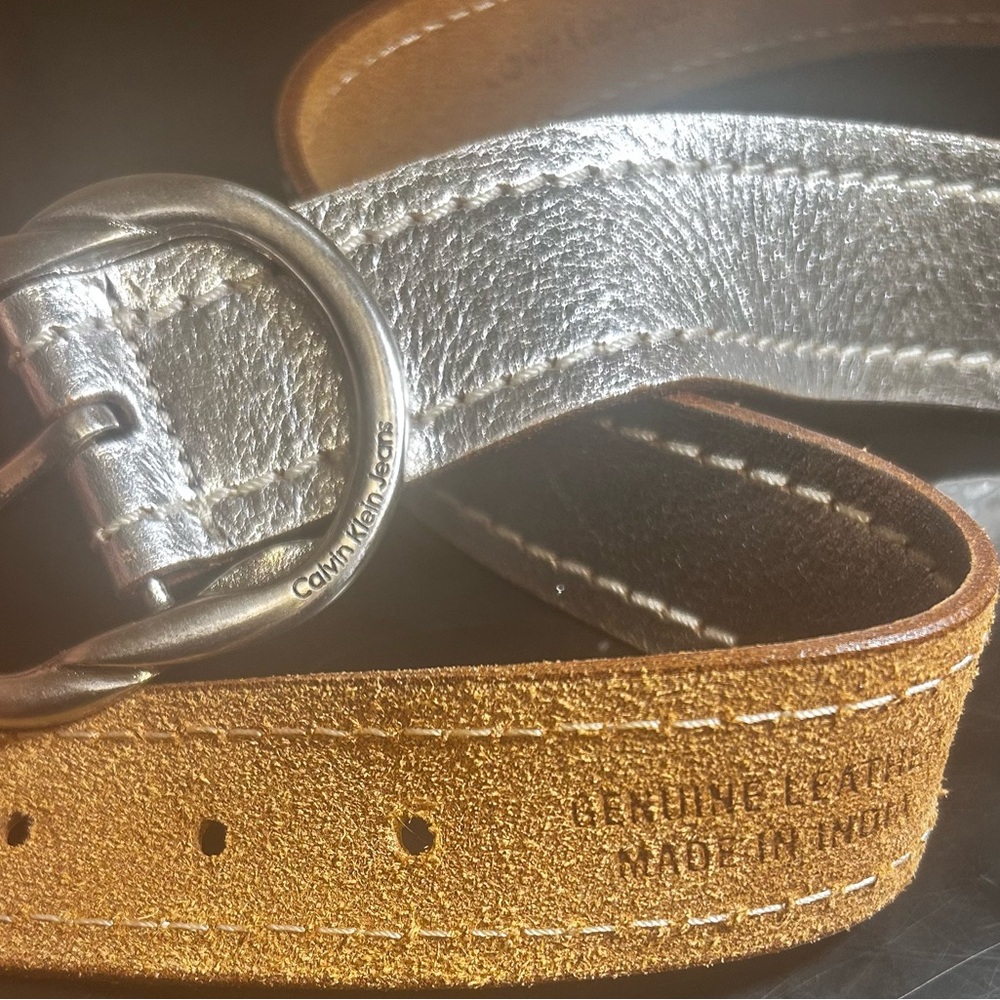 *SALE*Calvin Klein Metallic Silver and Tan Genuine Leather Belt - Picture 4 of 7